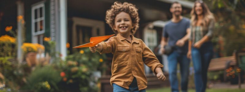 Un enfant qui joue avec un avion en papier devant une maison.